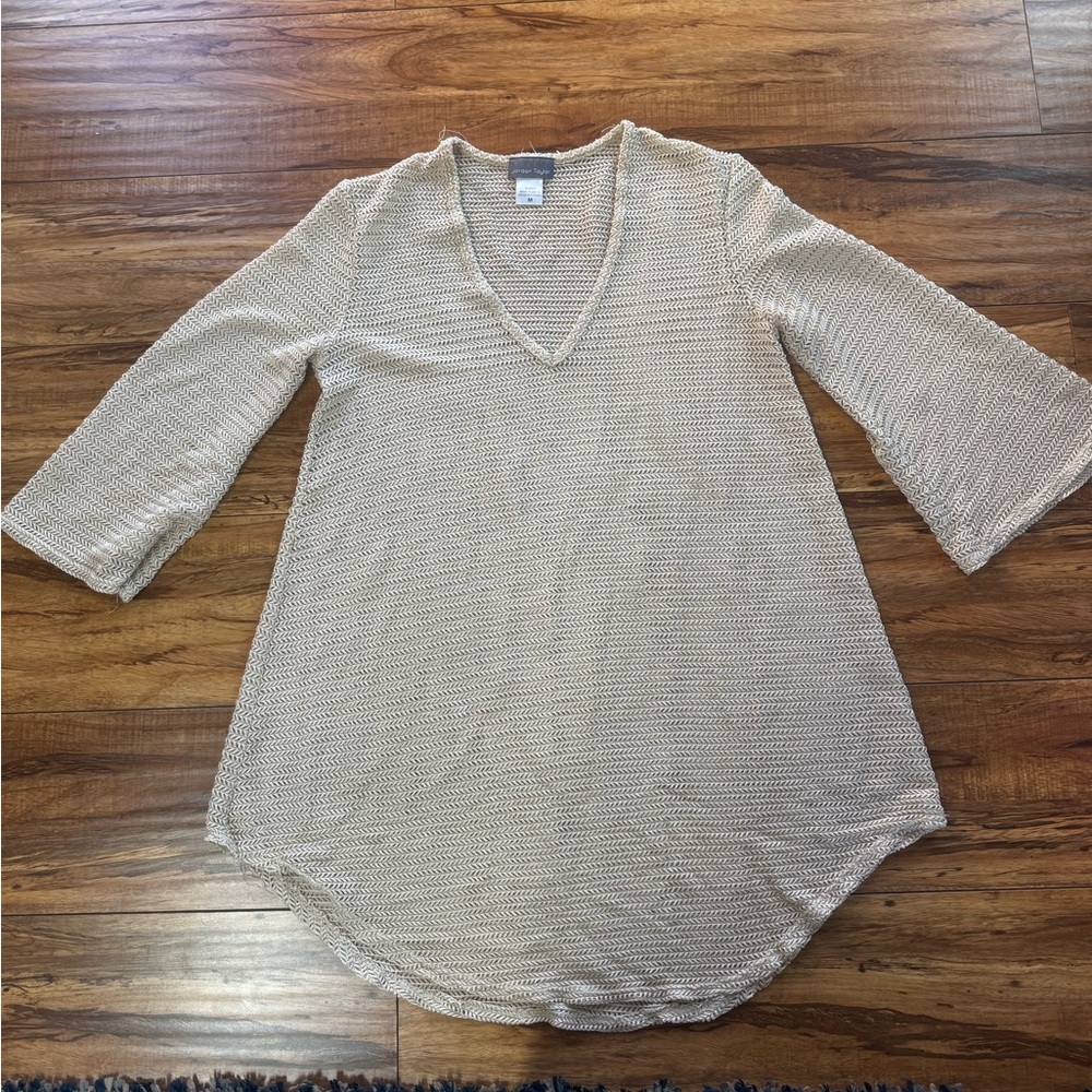 JORDAN TAYLOR Gold Nylon Mesh V Neck Beach Pool-Coverup-Pullover-Top Size M